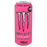 Monster Ultra Rosa Energy Drink, 500ml, from Monster features a vibrant pink design, delivers a sugar-free energy boost, is labeled zero sugar, and costs £1.55.